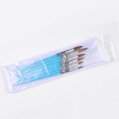 6Pcs/set Nylon Hair Nail Brush Blue Rhinestone Handle Kolinsky Acrylic Brush Pen Nail Gel Carving Building Dotting Drawing Tools